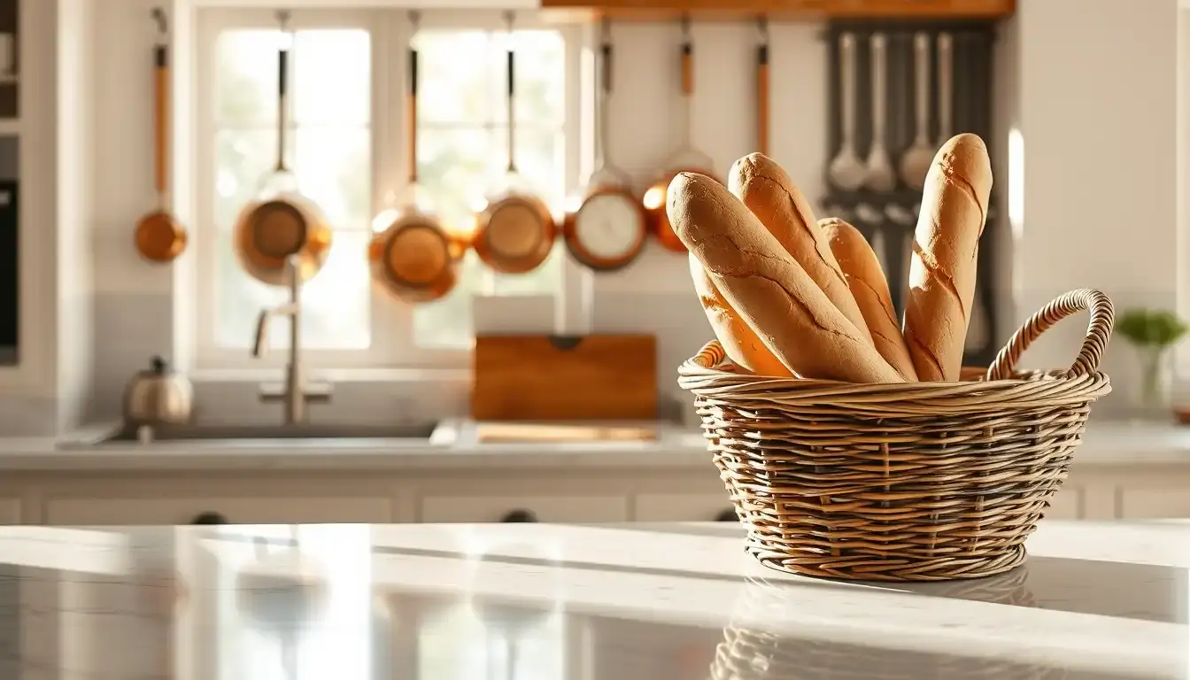 Cucina in stile francese con strumenti in rame e baguette fresche