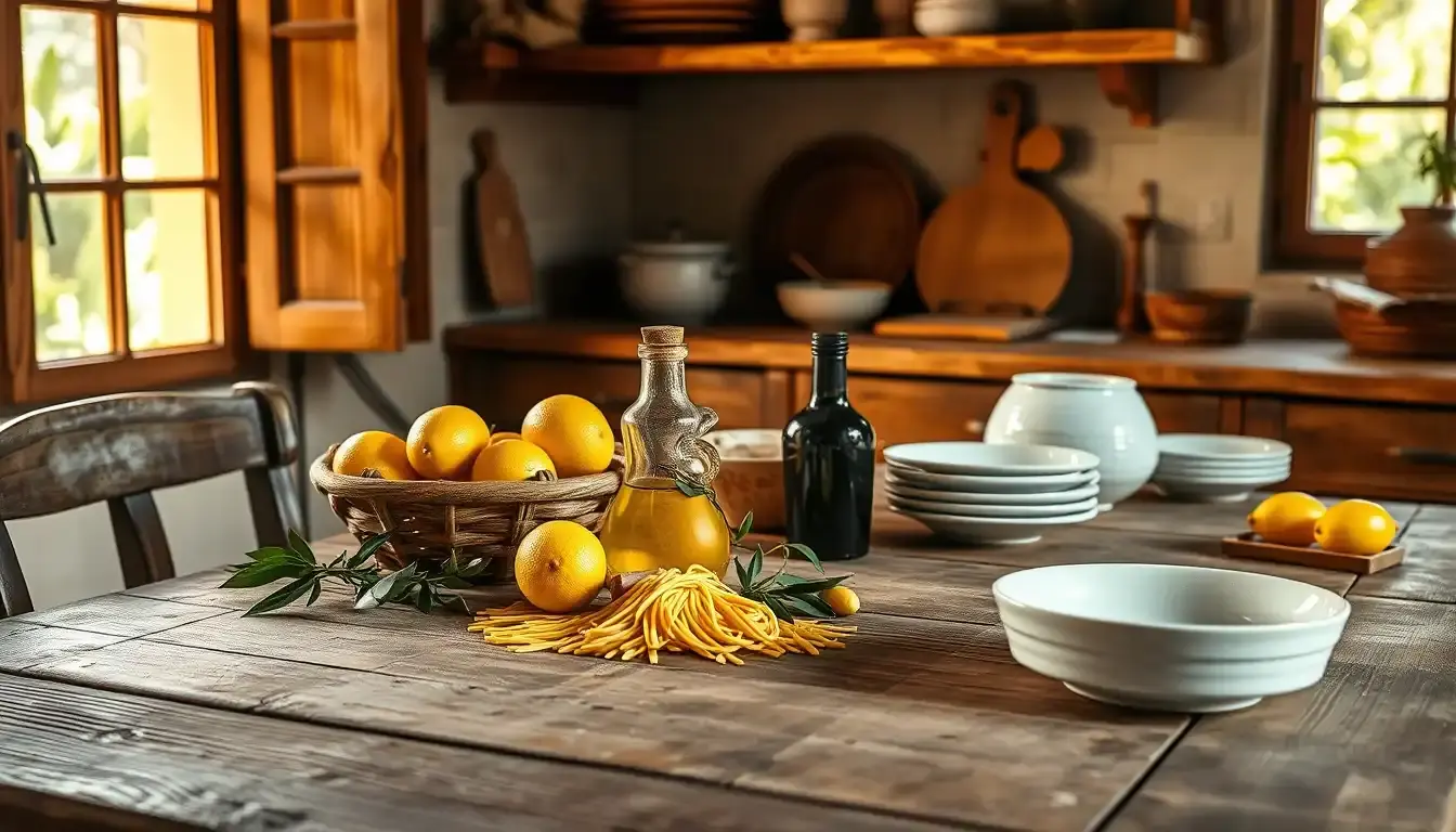 Tavolo da cucina rustico con strumenti per cucina siciliana, limoni e ceramiche colorate.