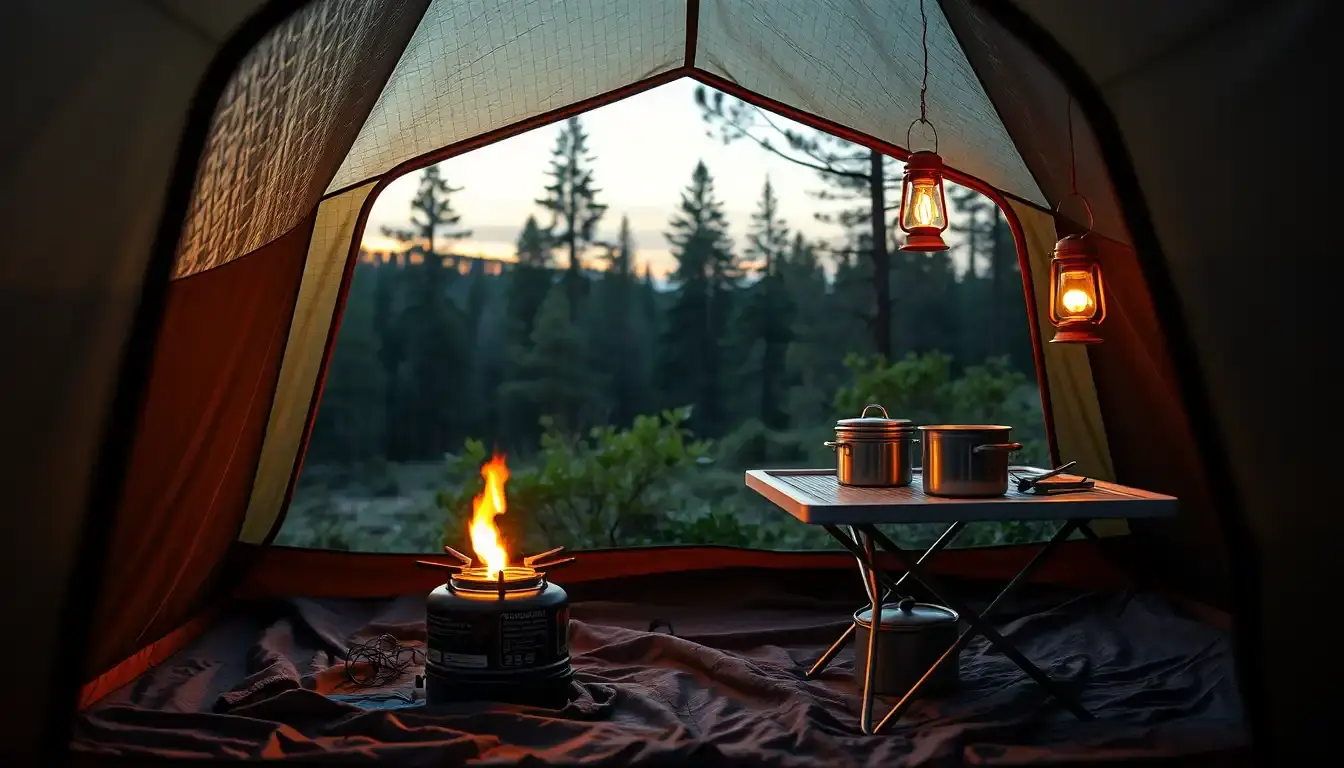 Cucina tenda allestita con stufa portatile e tavolo da campeggio al tramonto