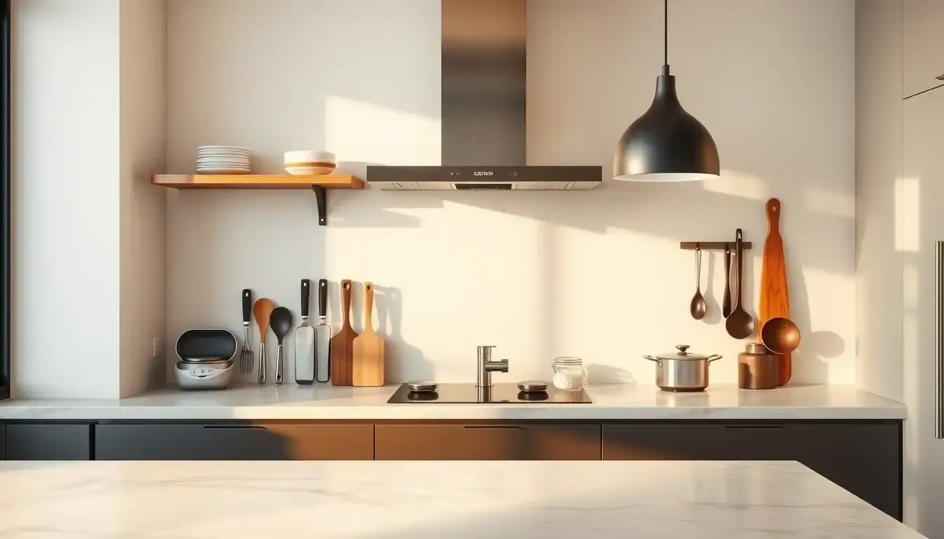 Cucine componibili moderne con organizer modulari e accessori cucina intelligenti su piano in marmo