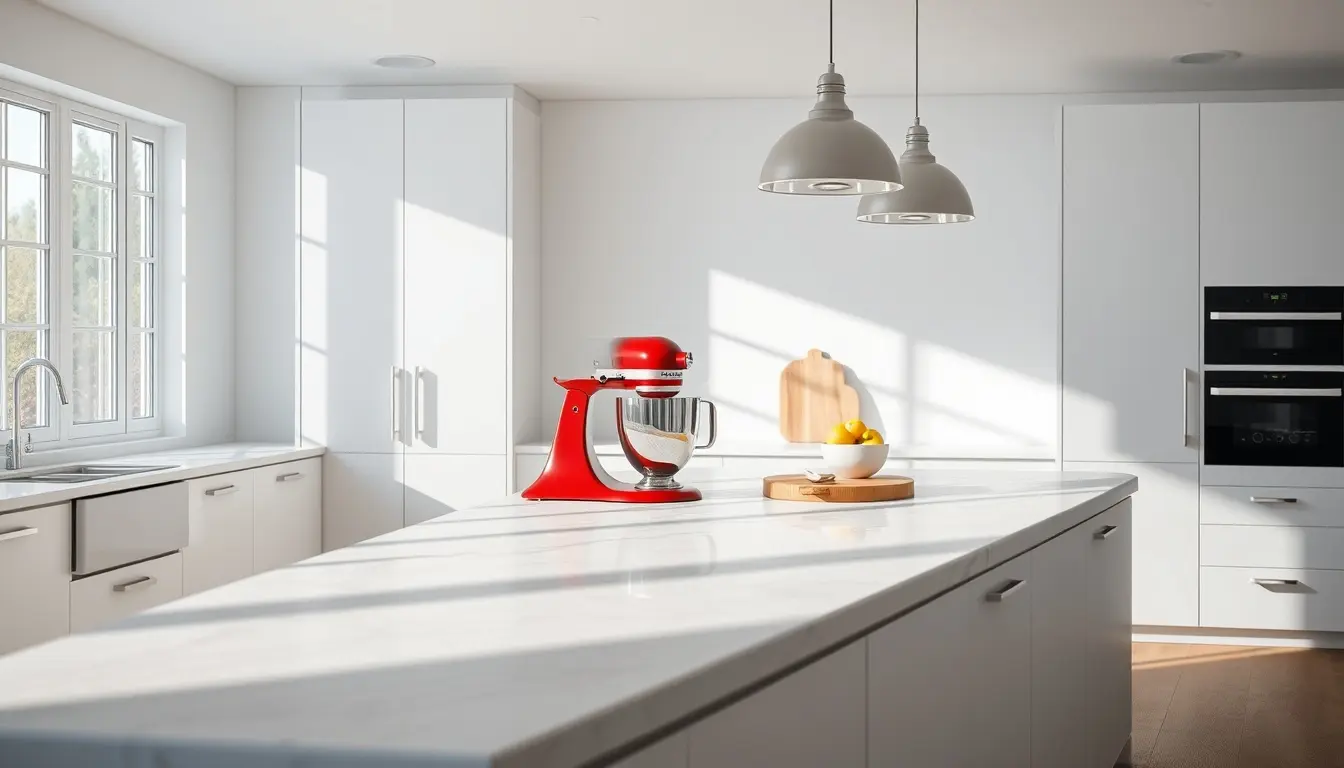 Cucine con isola moderne con accessori eleganti e illuminazione di design