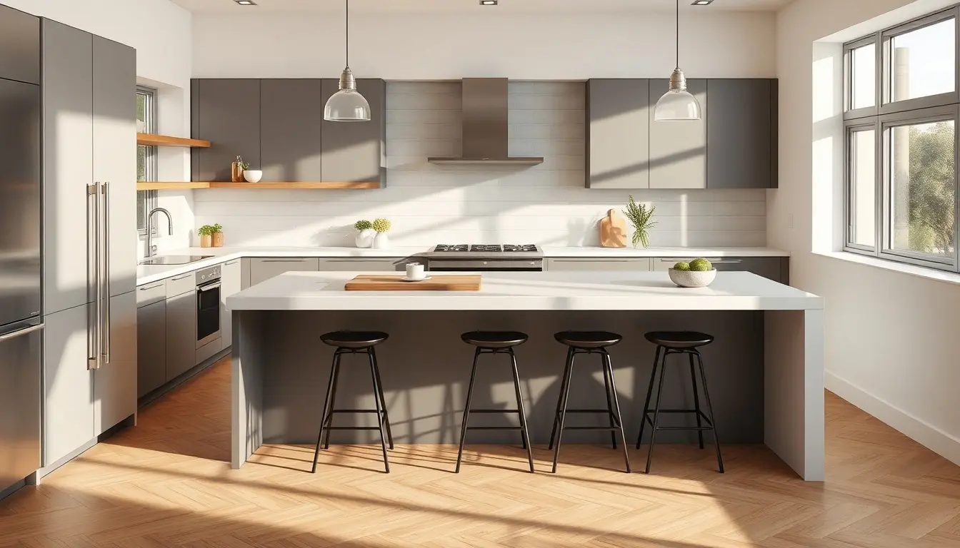 Cucine con penisola moderna in legno e bianco con accessori di design e luce naturale.