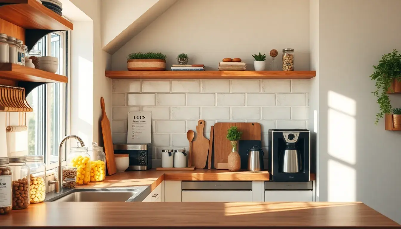 Piano cucina soleggiato con barattoli di vetro e strumenti per cucine economiche