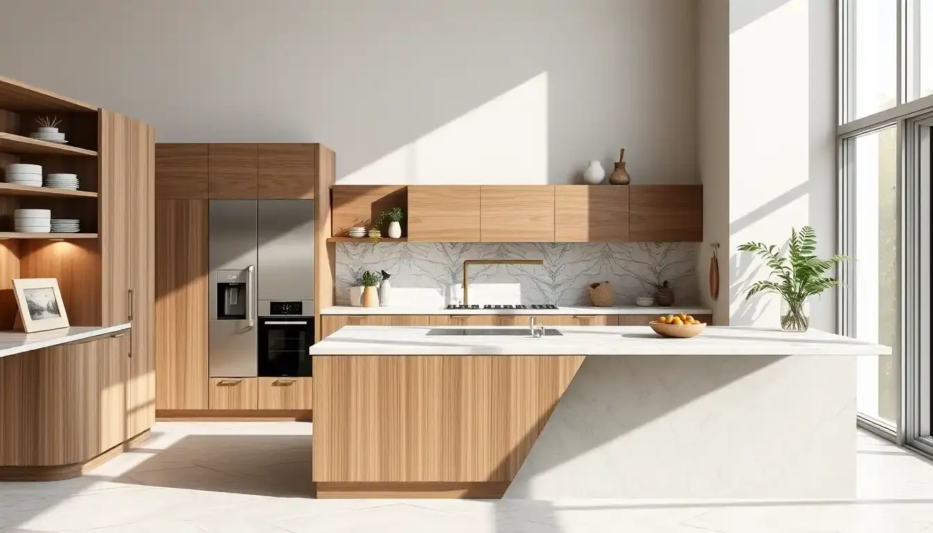Grembiule da cucina professionale in tessuto naturale su bancone moderno in marmo.