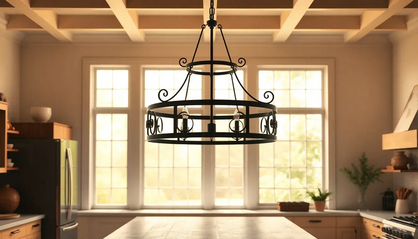 Lampadari per cucina in stile farmhouse sopra un'isola di legno in una cucina luminosa.
