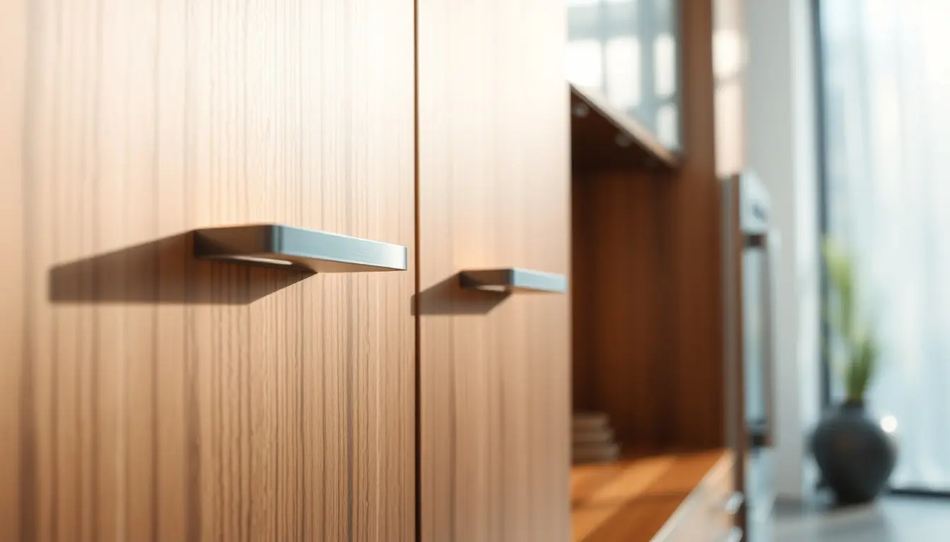 Eleganti maniglie cucina moderne installate su mobili in legno e opachi