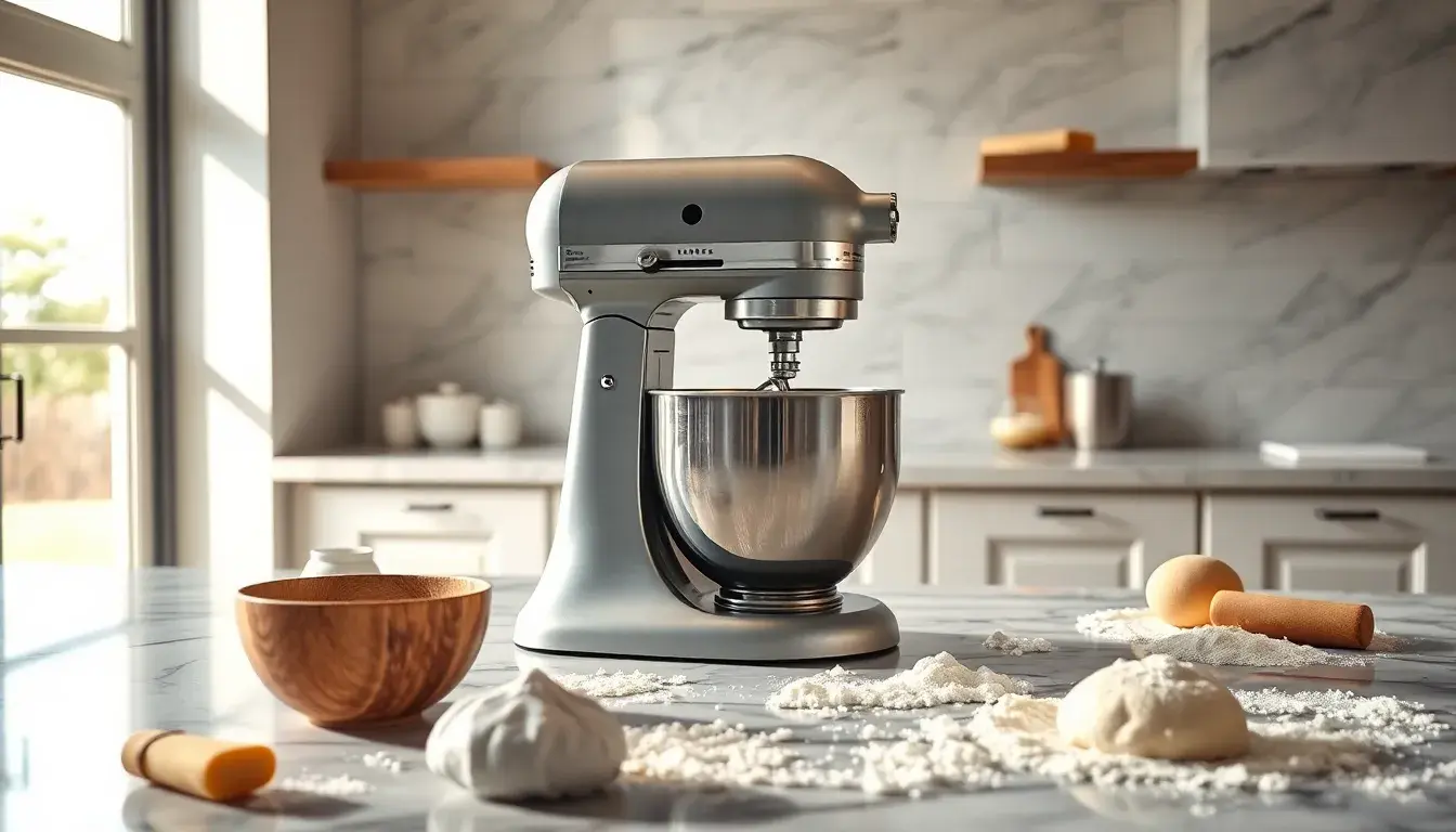 Mixer cucina professionale su piano di marmo con farina e impasto fresco
