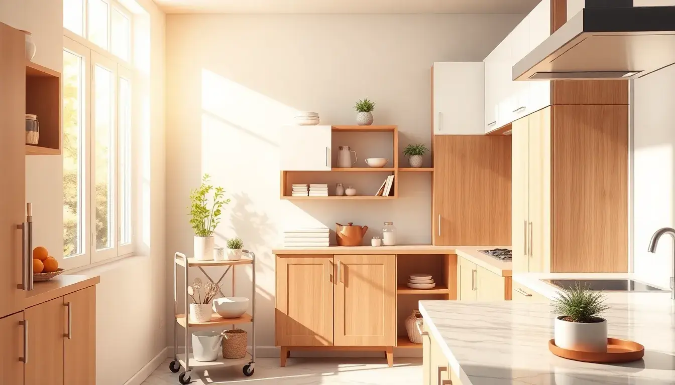 Interno cucina moderna con vari tipi di mobiletto cucina salvaspazio e carrelli bianchi su sfondo luminoso.
