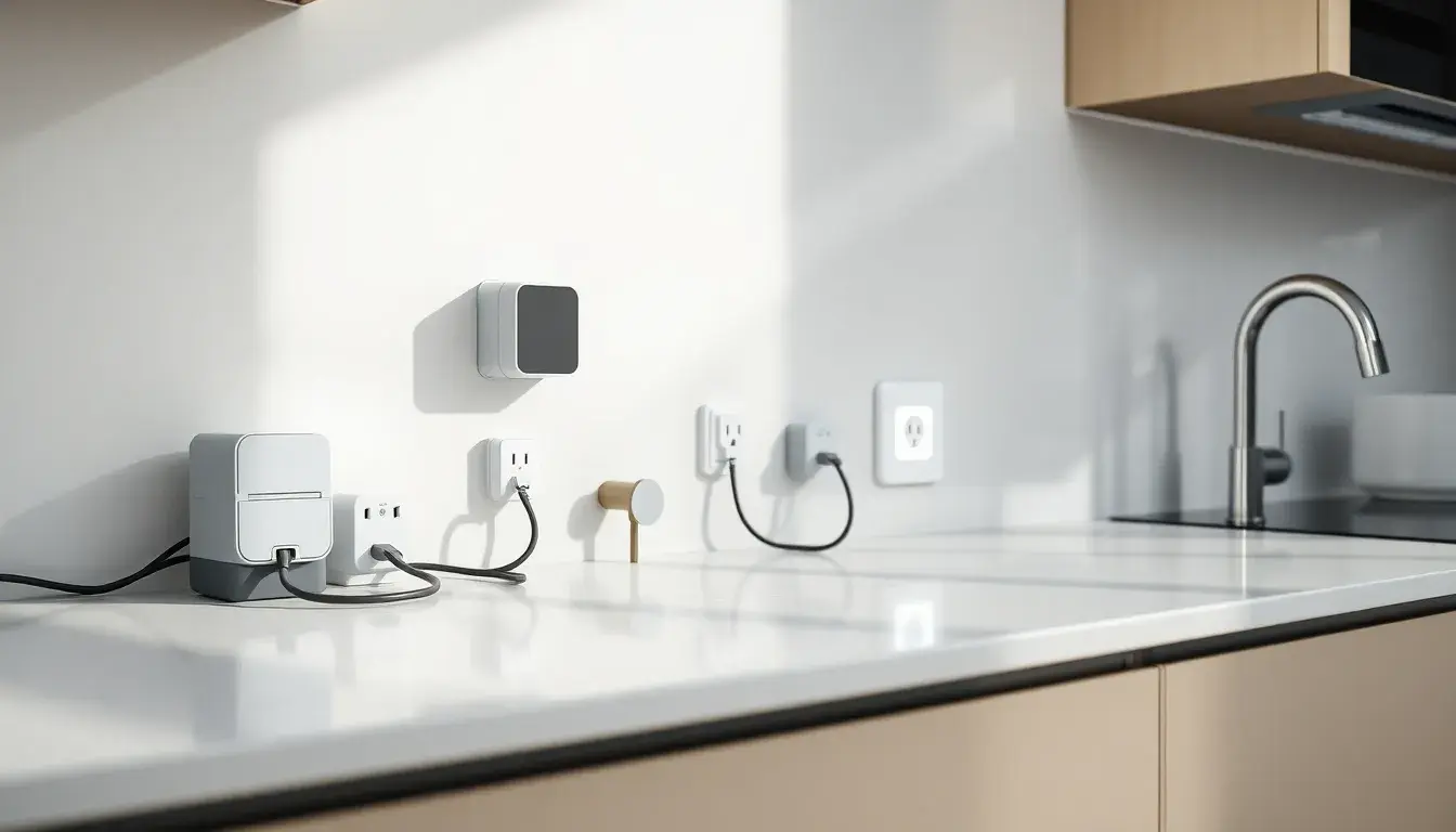 Elegante outlet cucine moderno con adattatori bianchi e gadget elettrici su bancone in marmo.