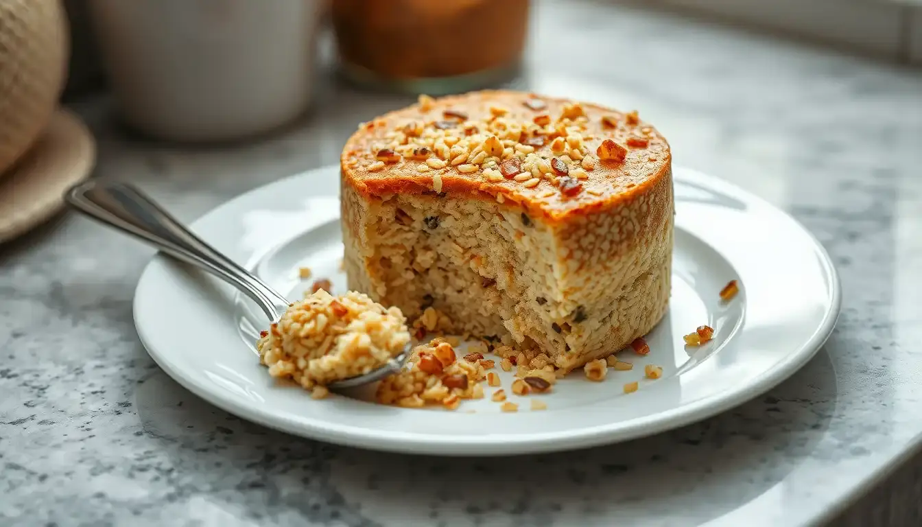 Quinoa cotta perfettamente sgranata con una forchetta su un bancone di marmo illuminato dal sole