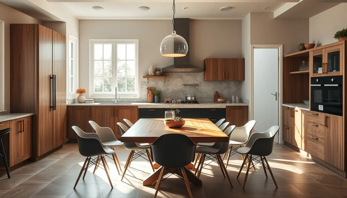 Sedie da cucina eleganti disposte attorno a un tavolo in legno in una stanza luminosa