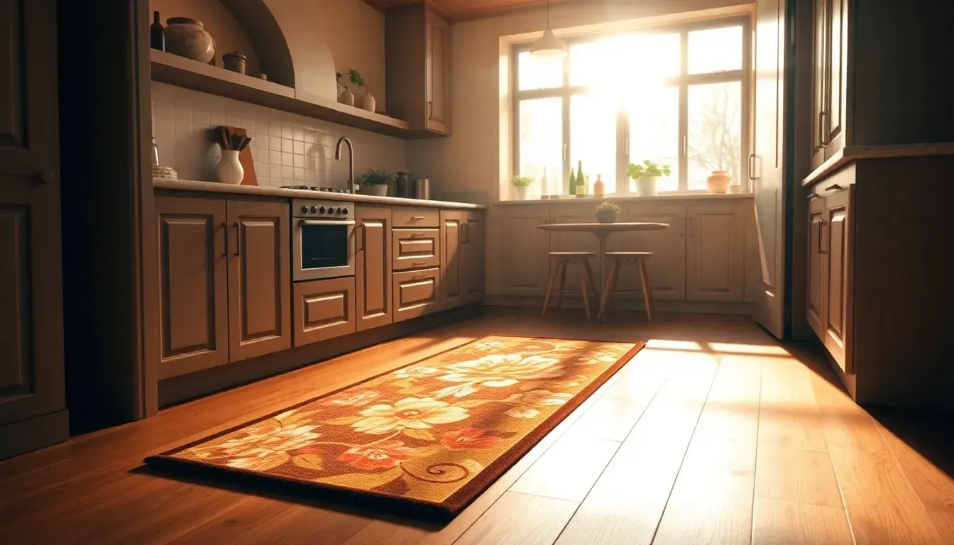 Elegante tappeto da cucina imbottito con design floreale su pavimento moderno