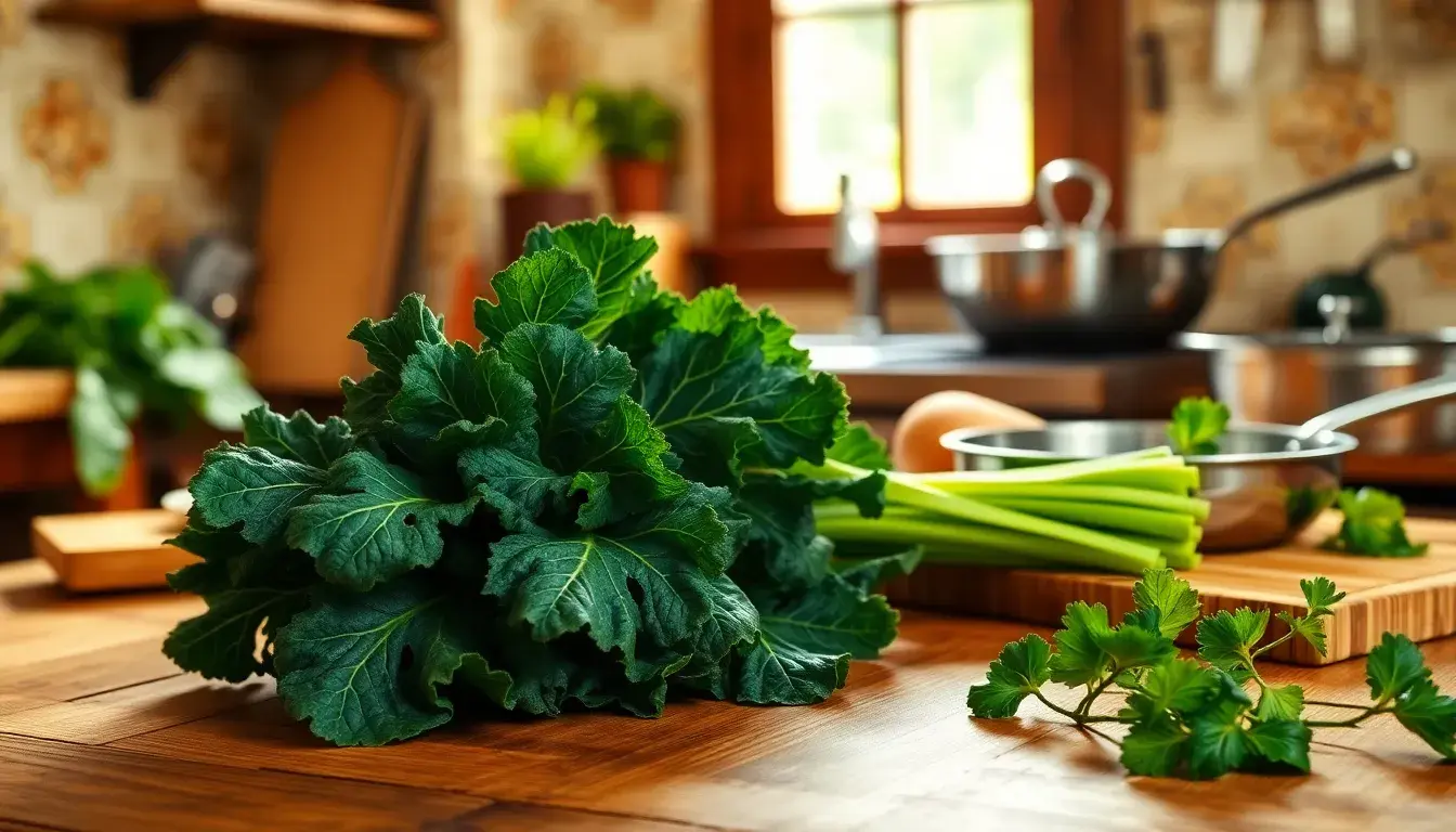 Mazzo di cavolo nero fresco su un tagliere di bambù in una cucina soleggiata