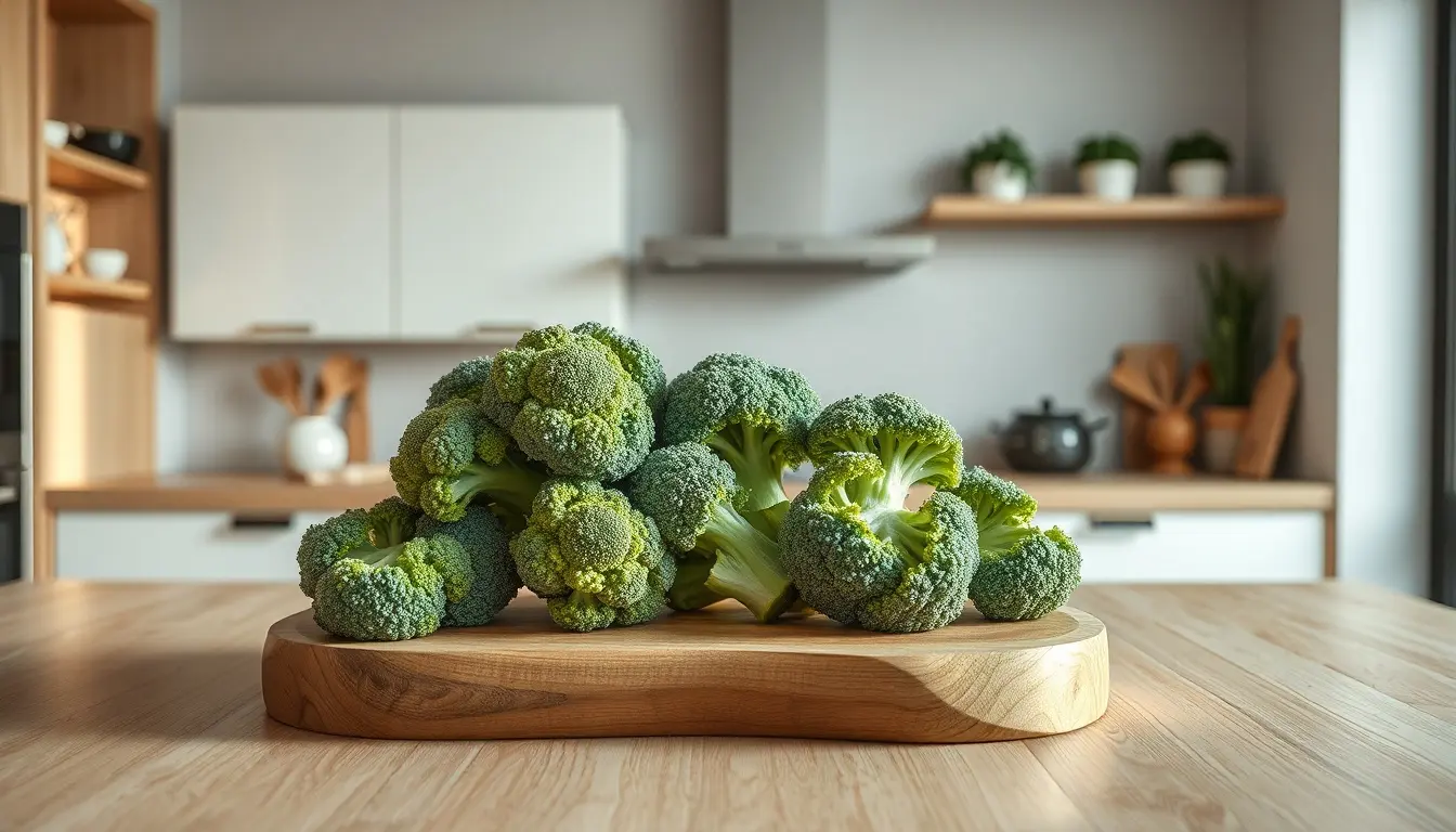 Cime di broccoli freschi su un tagliere di legno in una cucina luminosa
