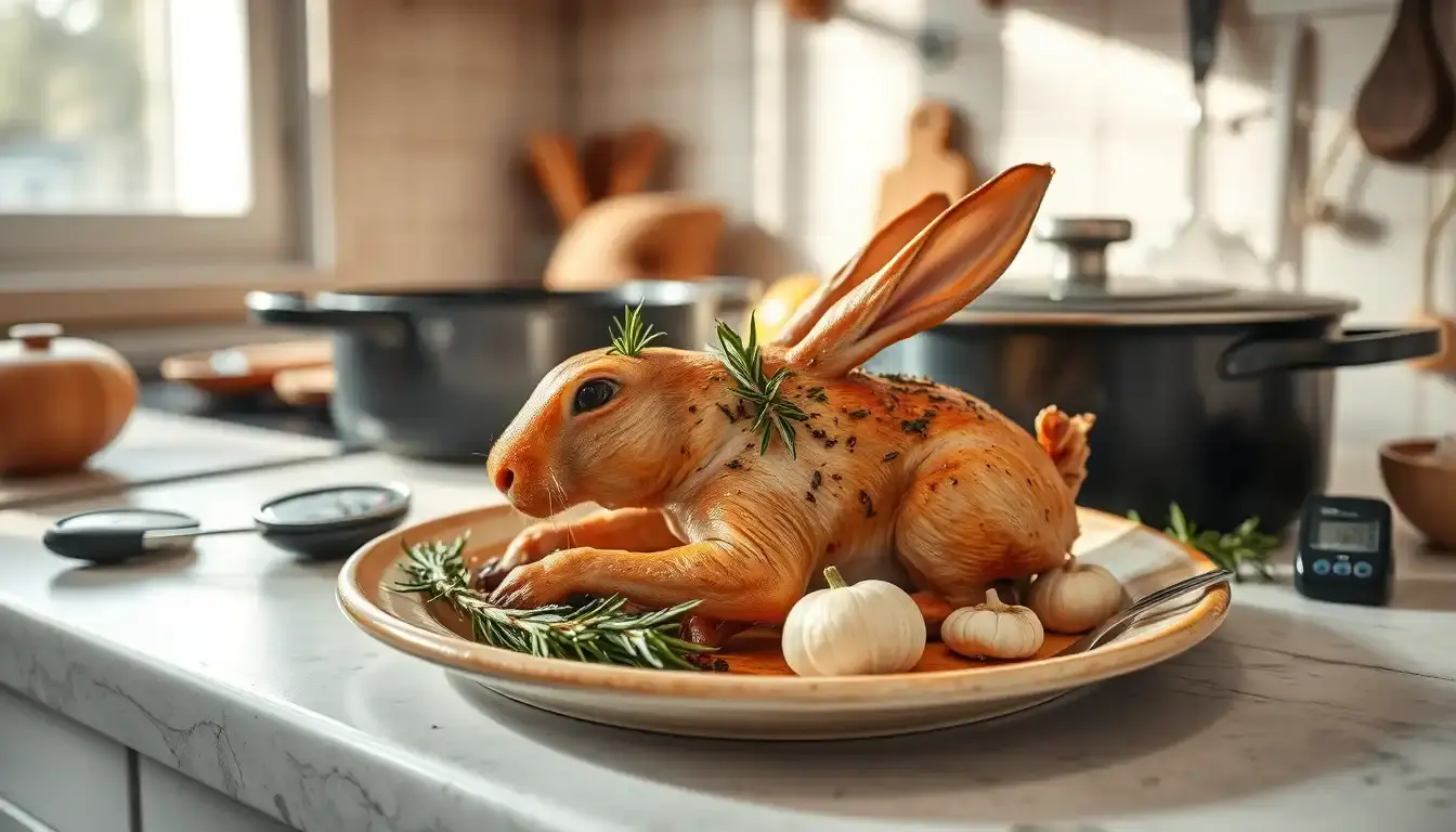 Piatto di coniglio arrosto alle erbe su bancone da cucina rustico in legno