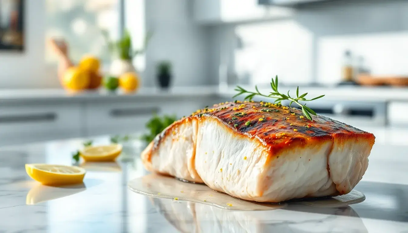 Trancio di pesce spada grigliato con scorza di limone e erbe aromatiche su piano in marmo