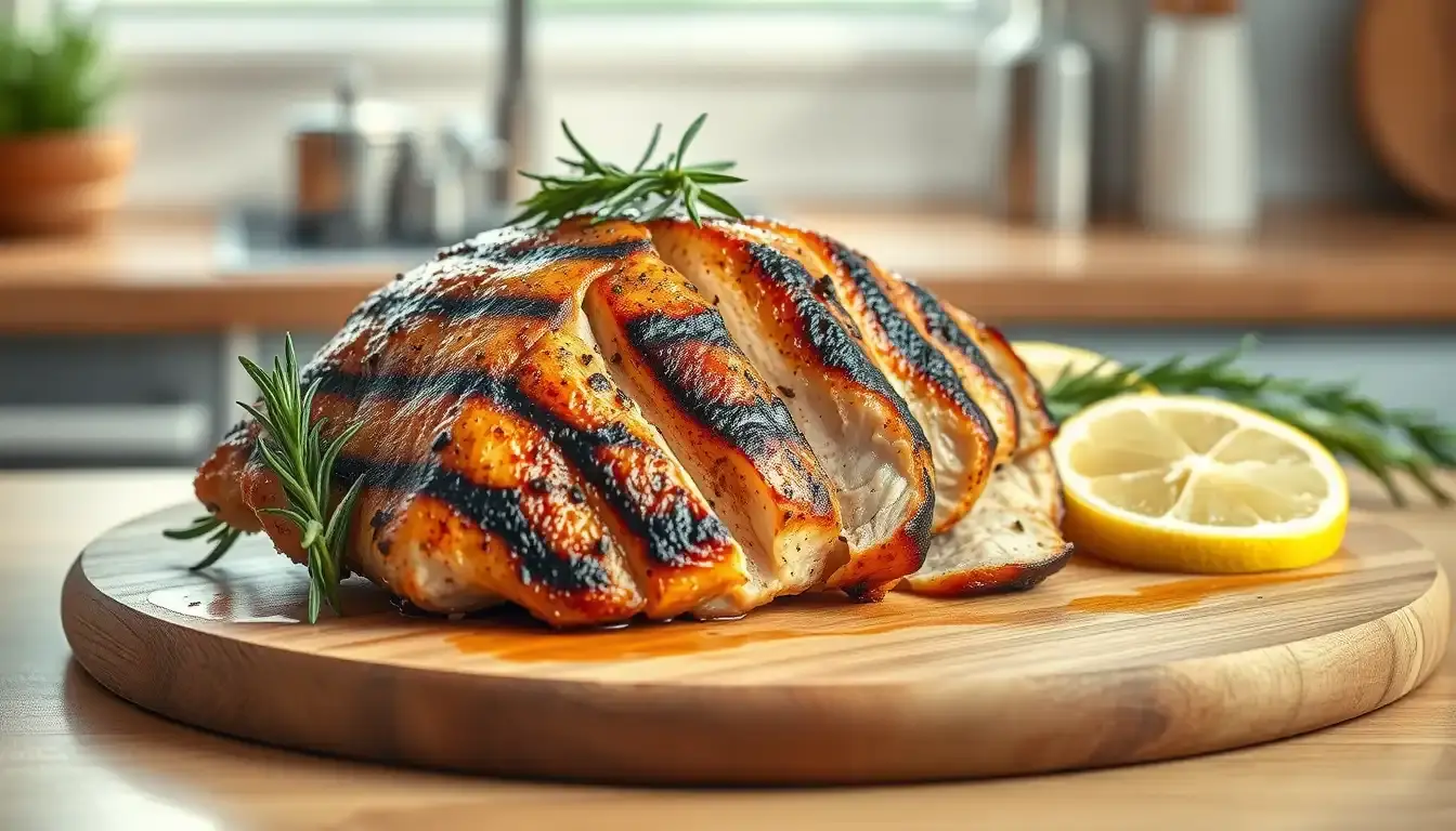 Petto di pollo grigliato succoso su tagliere in legno con rosmarino