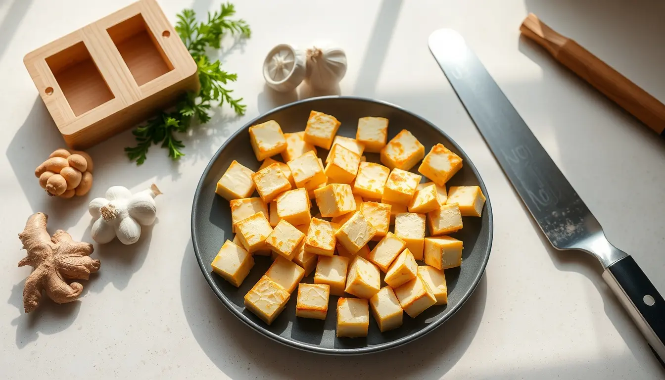 Cubetti di tofu dorati e croccanti su un bancone da cucina moderno con una pressa in bambù