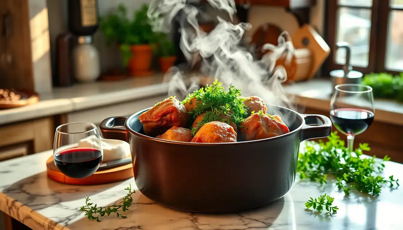 Ossobuco di vitello tenero cucinato in una pentola di ghisa con gremolata fresca.