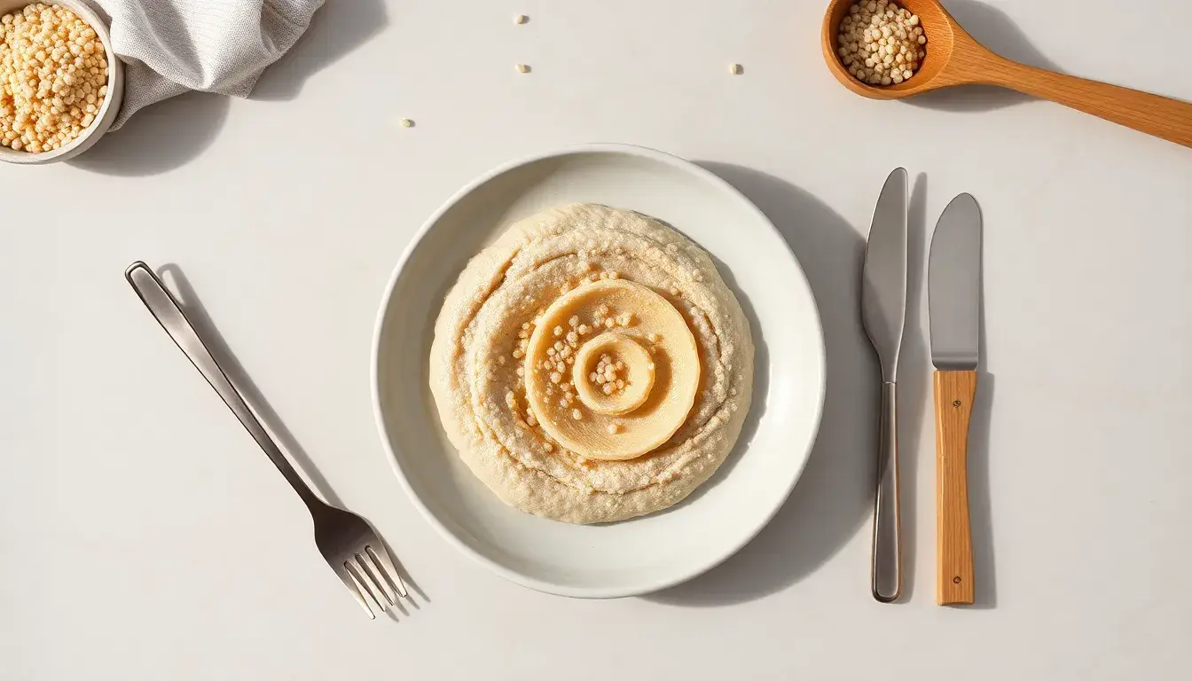 Ciotola di quinoa cotta soffice su piano di marmo con strumenti cucina.