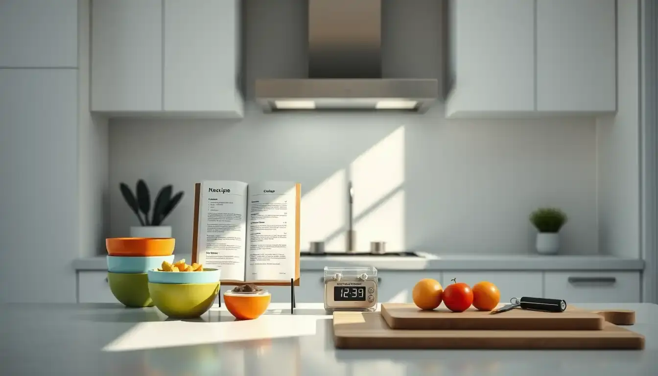 Corso di cucina attrezzatura essenziale su un bancone moderno illuminato dal sole