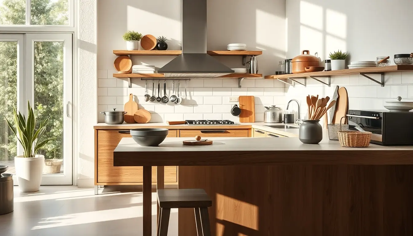 Strumenti professionali per creare cucine disposti su un piano di lavoro moderno e luminoso.
